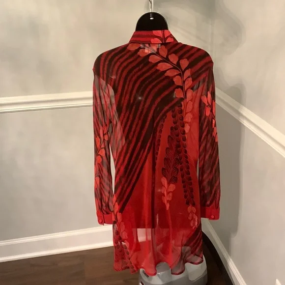 Vera Cristina Red Floral Print Sheer Silk Tunic Size M - Picture 4 of 8